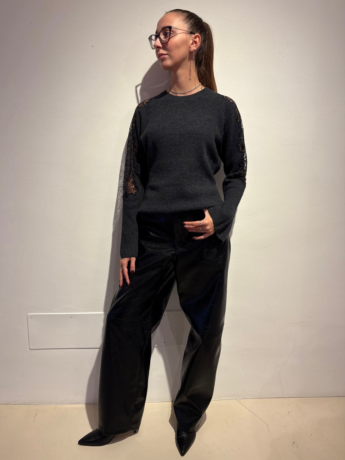 Maglione Girocollo con Inserti Pizzo - Isabelle Blanche