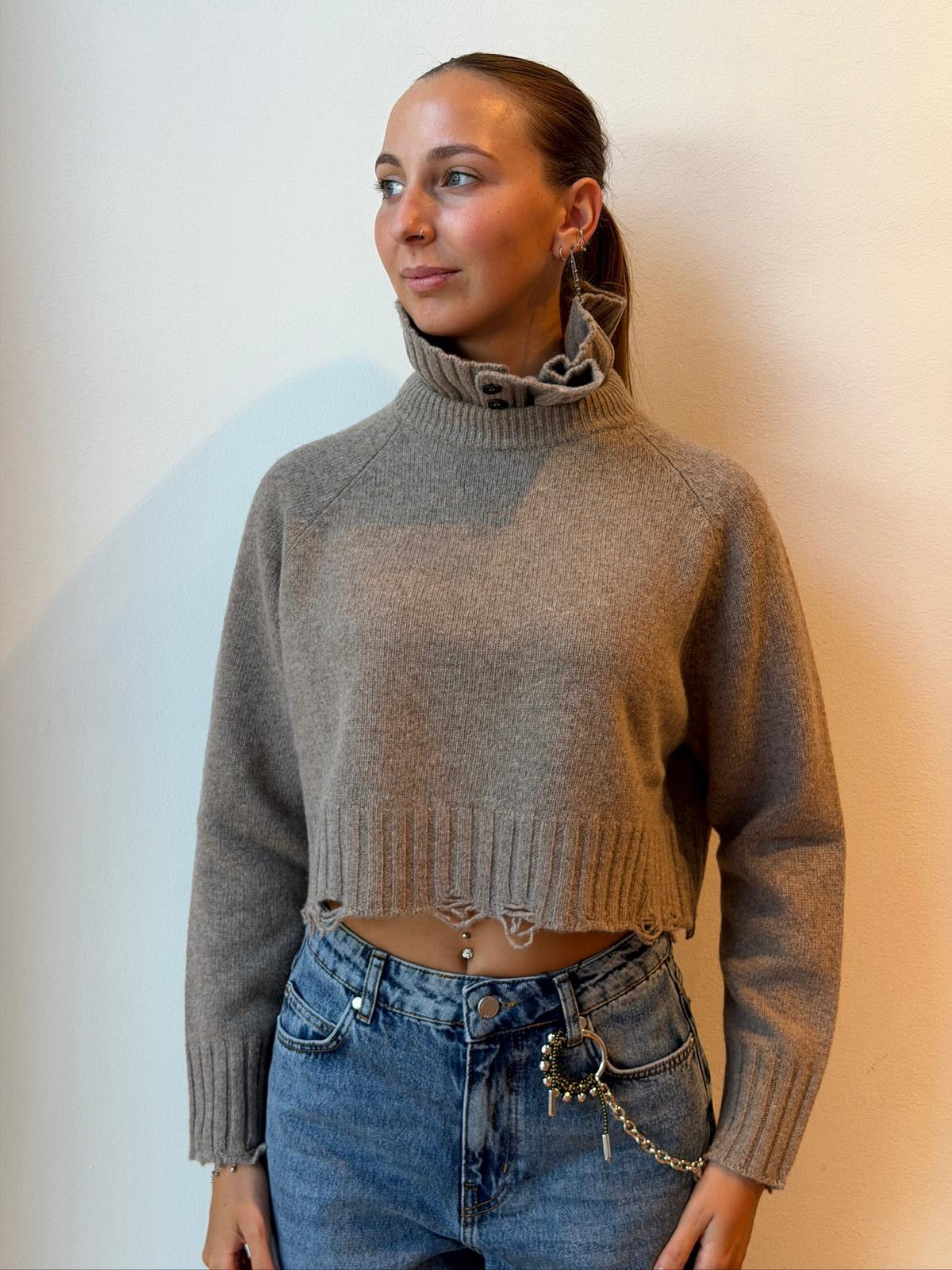 Maglia in Lana Vergine Collo Alto Removibile - Su