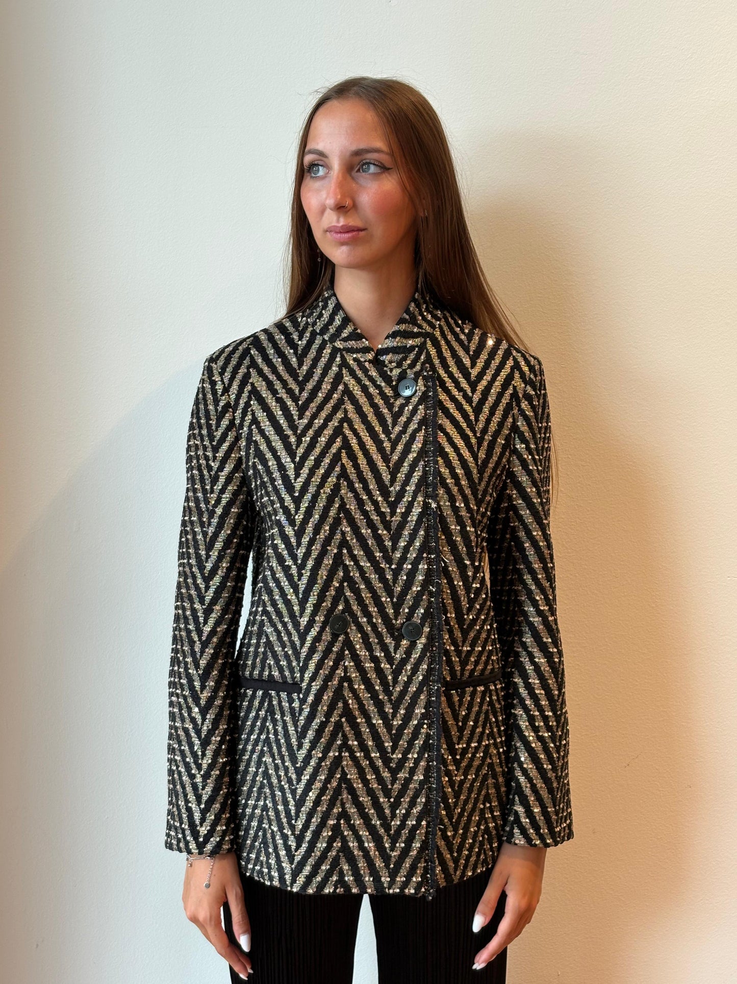 Giacca Over in Jacquard Chevron Nero - Forte Forte