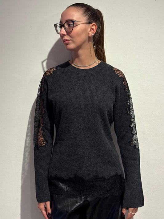 Maglione Girocollo con Inserti Pizzo - Isabelle Blanche