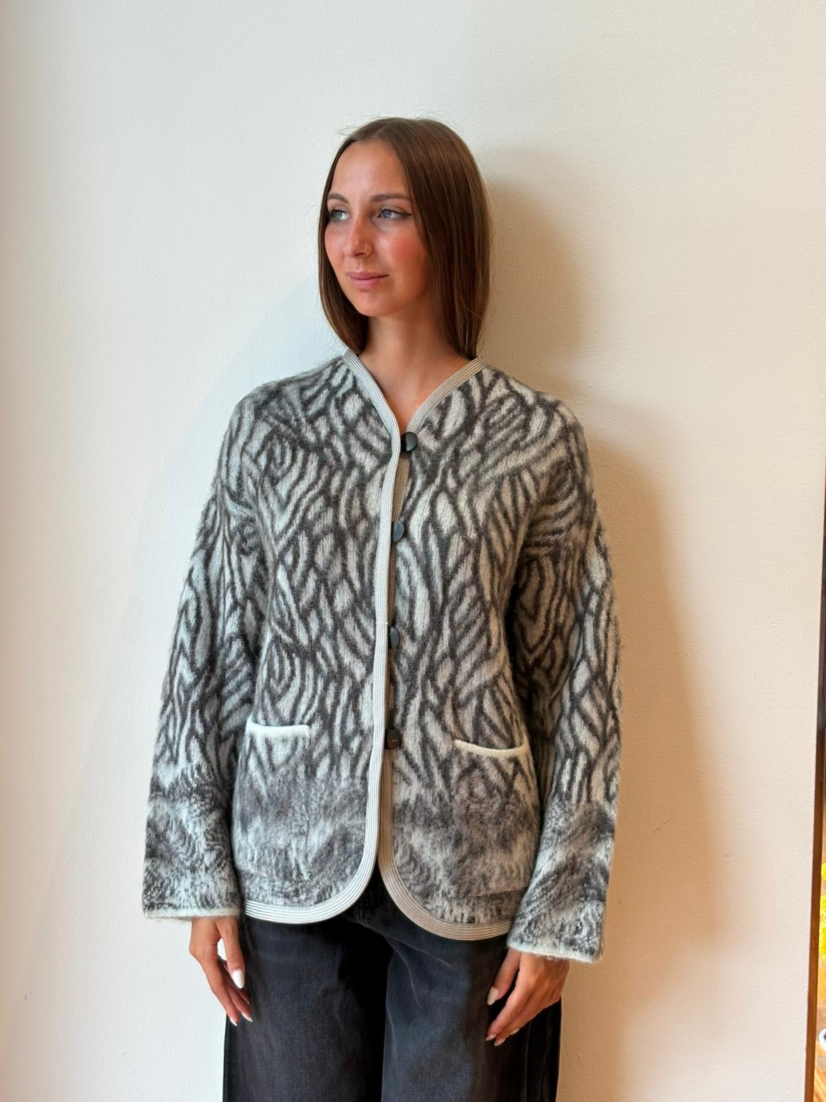 Cardigan in Jaquard “Plumes de Heron” Jade - Forte Forte
