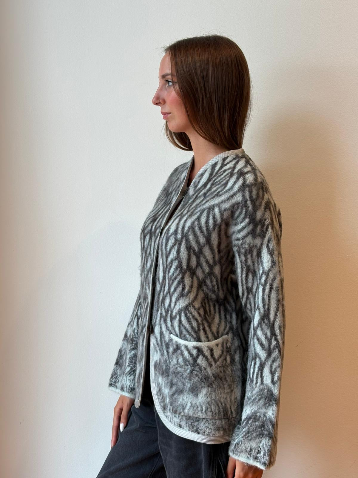 Cardigan in Jaquard “Plumes de Heron” Jade - Forte Forte