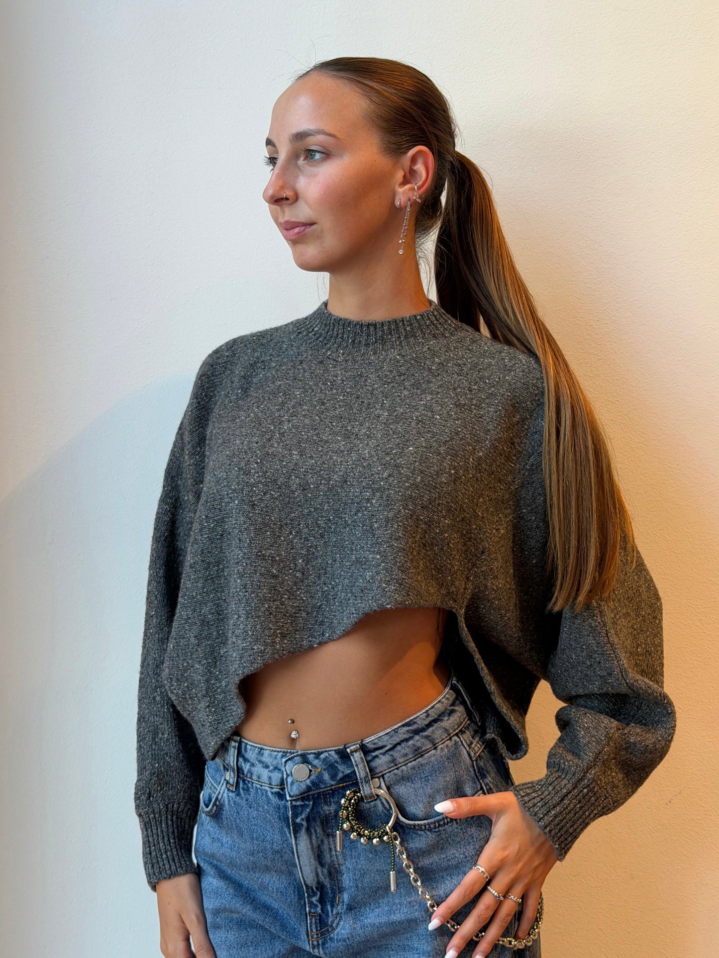 Maglione Cropped Asimmetrico Grigio Scuro - Su