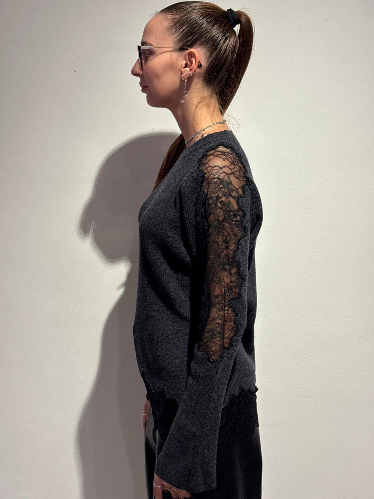 Maglione Girocollo con Inserti Pizzo - Isabelle Blanche