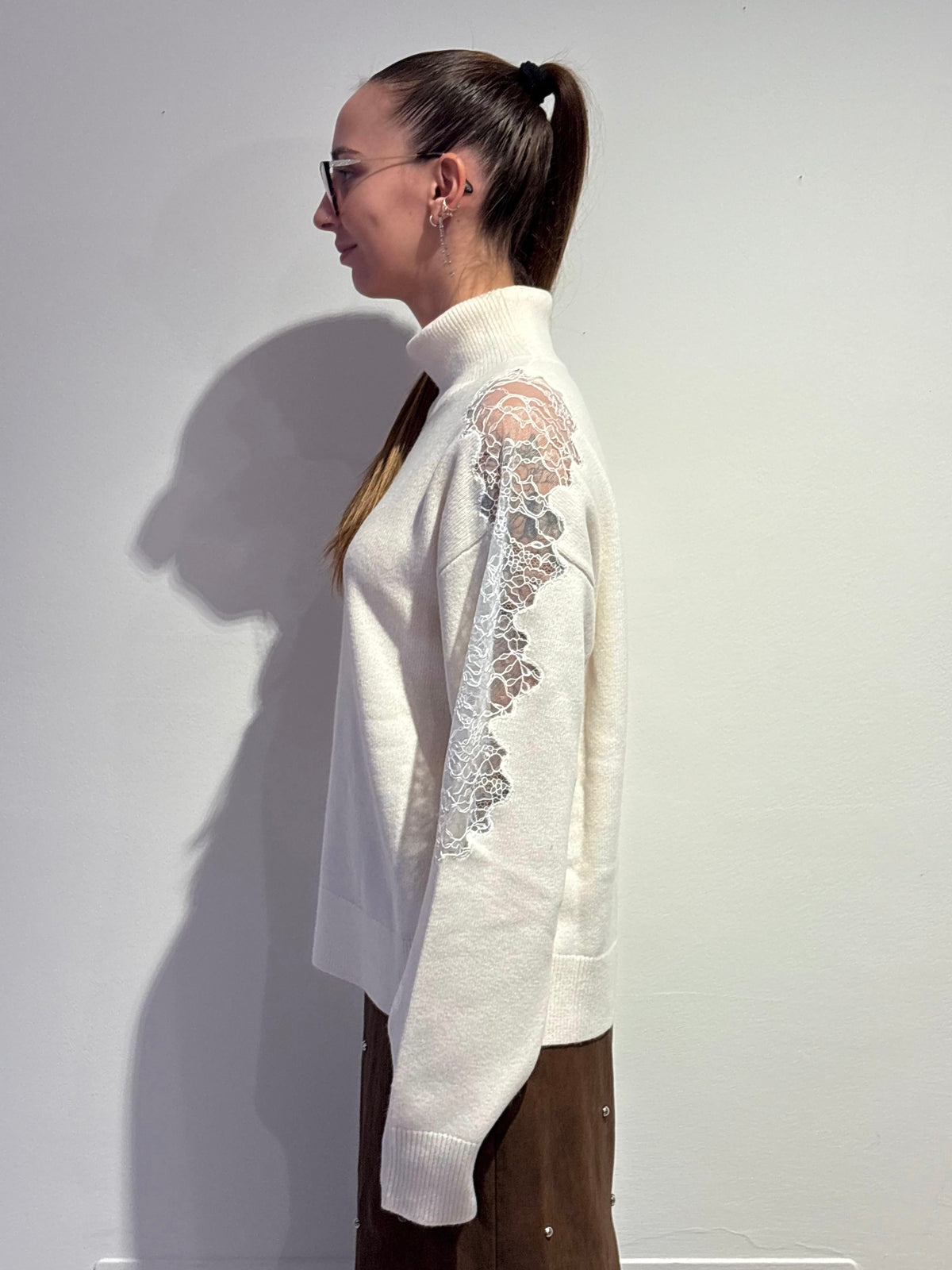 Maglione Collo Alto con Inserti in Pizzo - Isabelle Blanche
