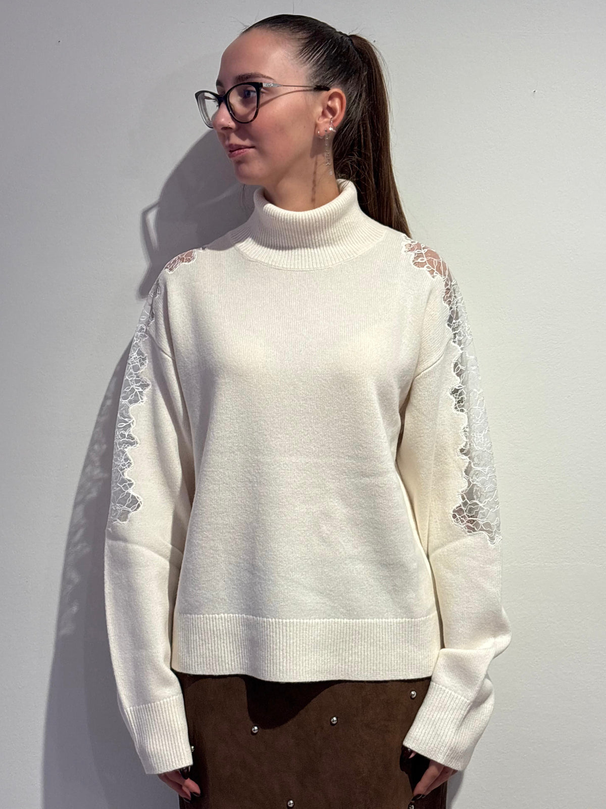 Maglione Collo Alto con Inserti in Pizzo - Isabelle Blanche