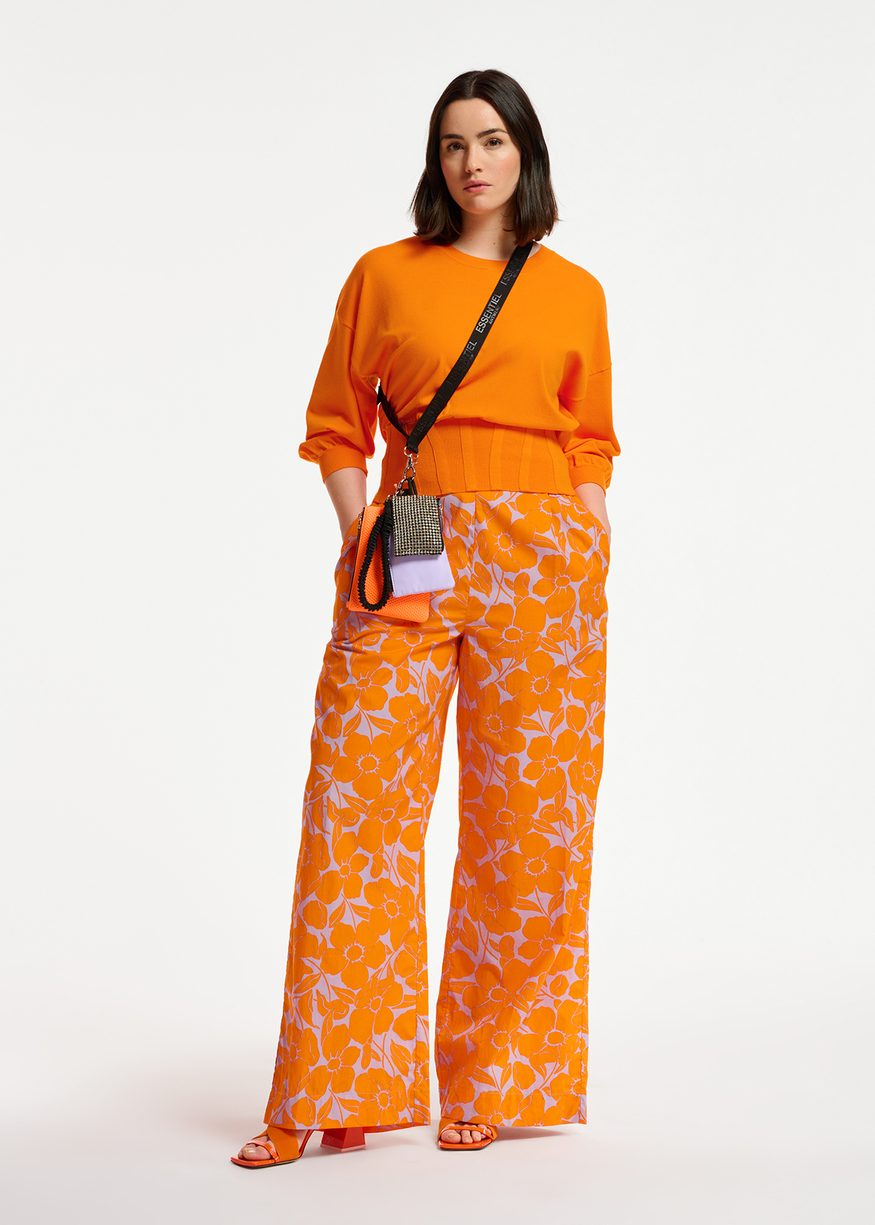 Pantalone in cotone stampa floreale arancio e lilla